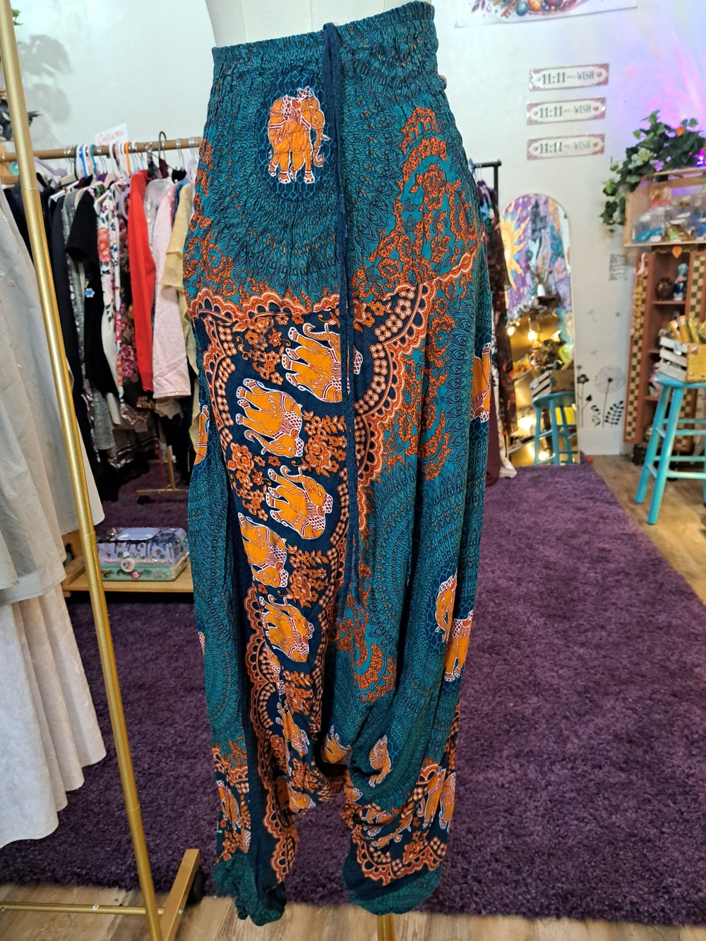 Elephant Mandala Harem Pants | Teal & Orange Boho Hippie Yoga Pants | One Size